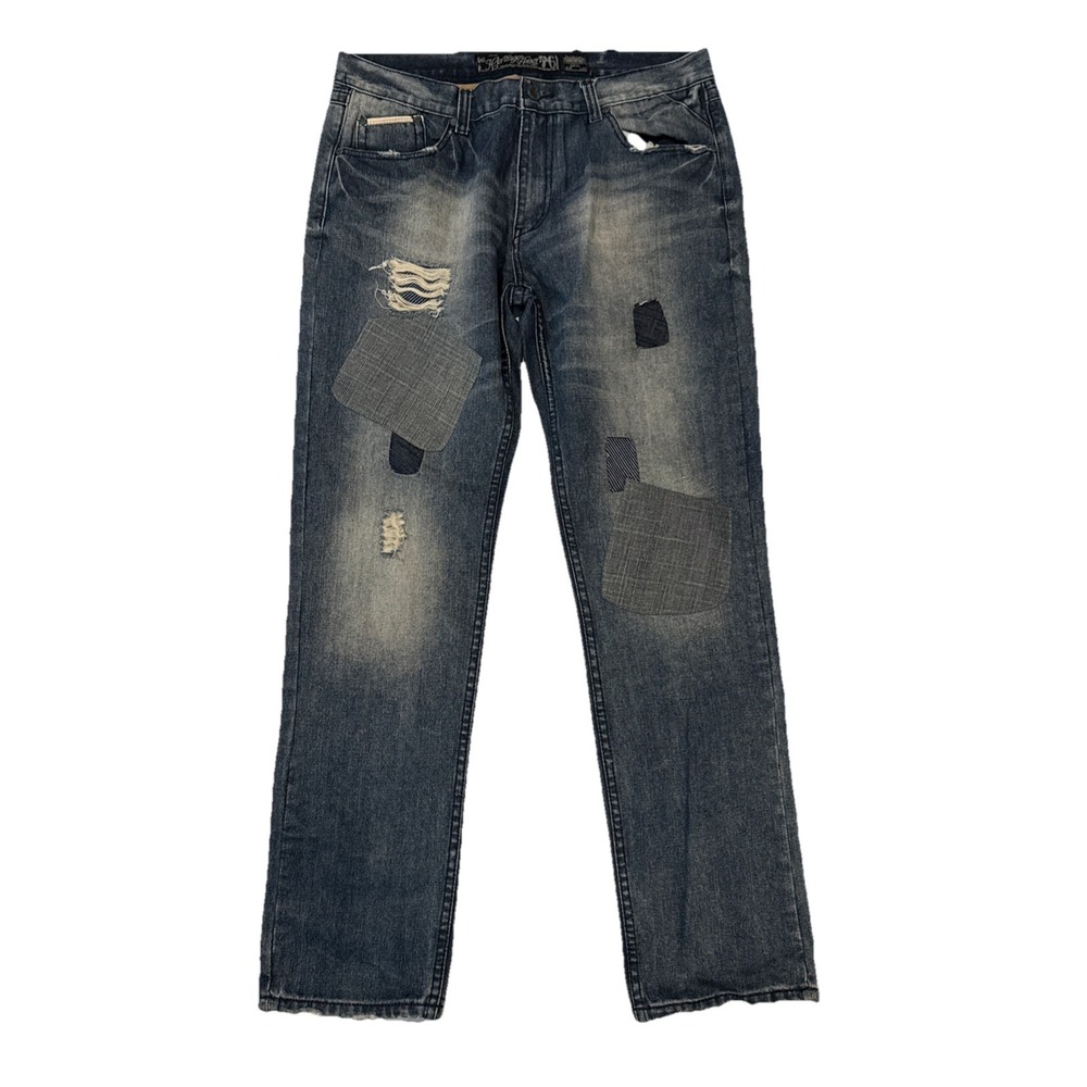 Heritage America 1776 Jeans Mens 38x33 Distressed Patched Blue Denim‎
